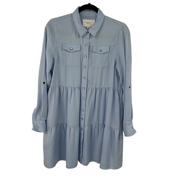 The Shirt Rochelle Behrens Snap Button Front Tiered Shirt Dress Blue Small AS IS - Picture 1 of 8